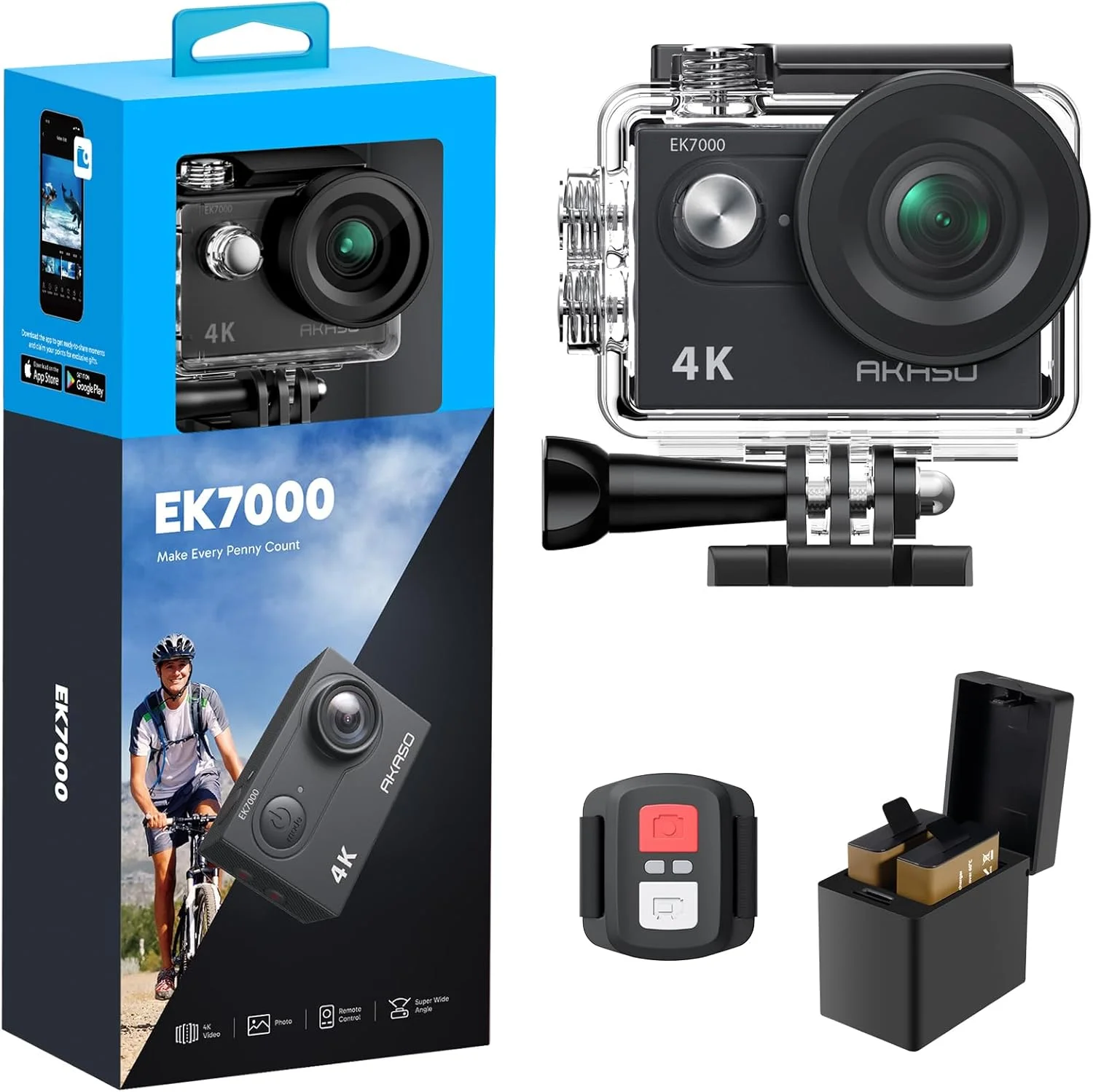 دوربین ورزشی 4K اکشن AKASO EK7000 Ultra HD WiFi ضد آب دوربین فیلمبرداری زیر آب با زاویه دید گسترده 170 درجه و کیت لوازم جانبی، مشکی