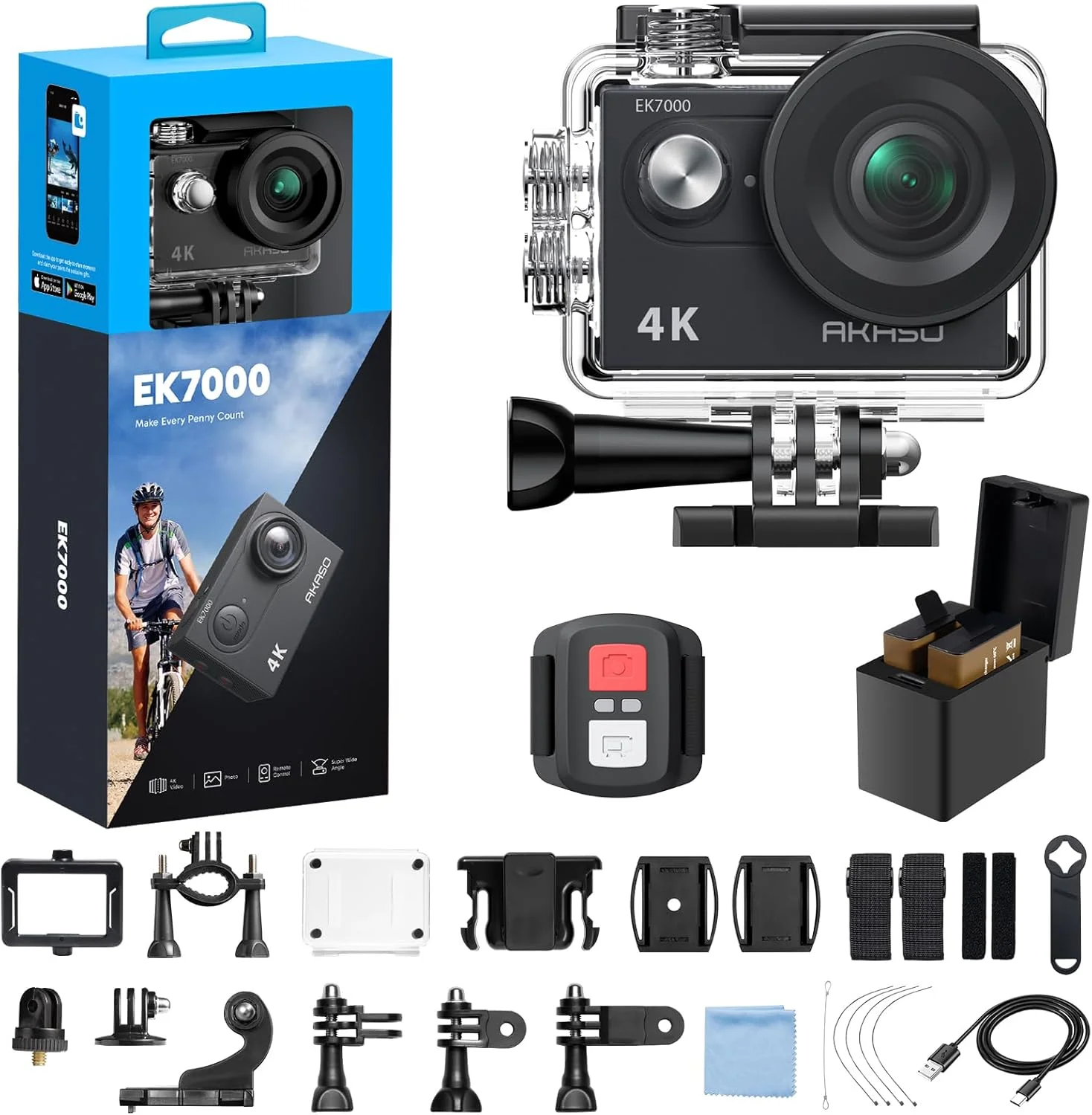 دوربین اکشن AKASO EK7000 4K30FPS 20MP WiFi با EIS، زوم 4X، Ultra HD، ضد آب تا عمق 40 متر، زاویه دید 170 درجه، کنترل از راه دور، پشتیبانی از میکروفون خارجی - مشکی