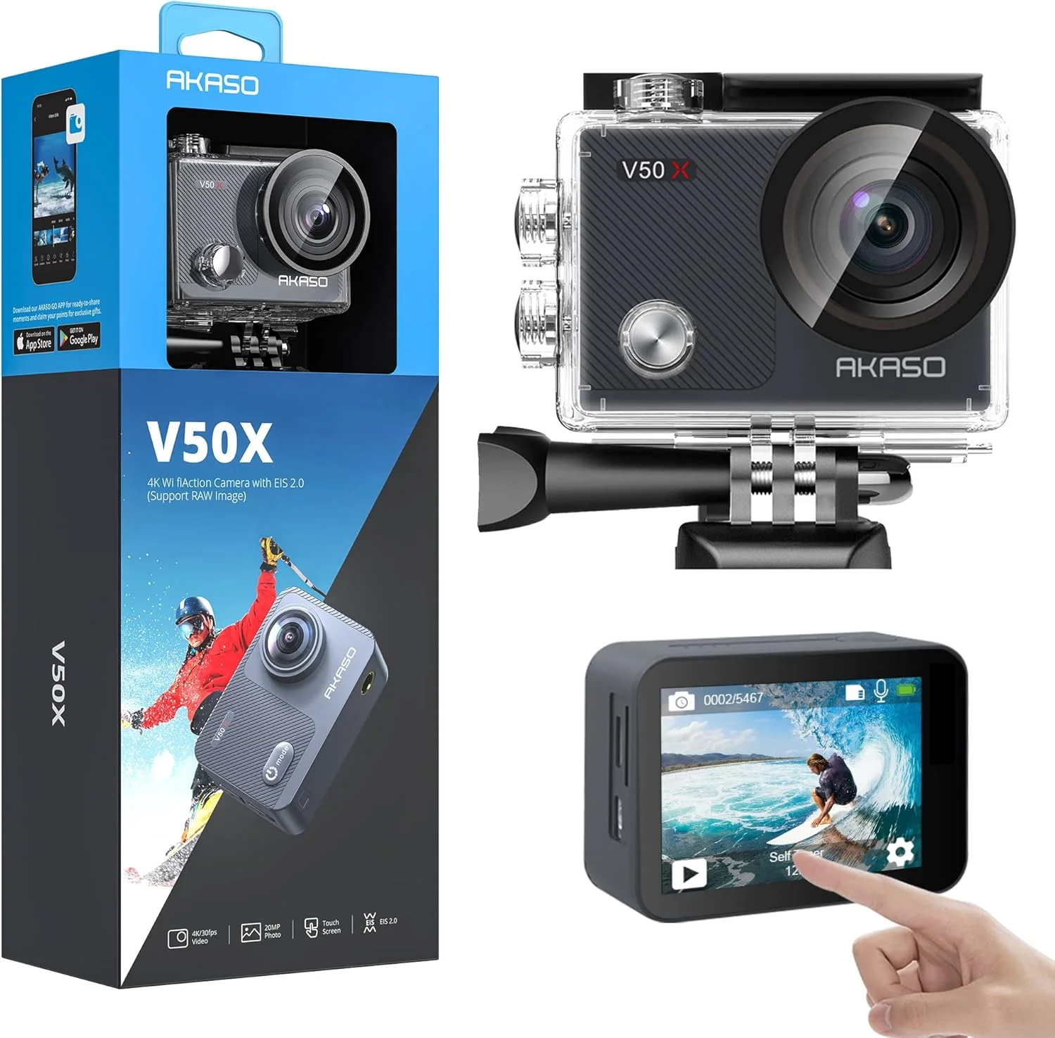 دوربین اکشن AKASO V50X با کیفیت 4K30fps واقعی، وای فای، صفحه لمسی EIS، زوم 4X، ضد آب تا عمق 40 متر، پشتیبانی از میکروفون خارجی، کنترل از راه دور، دوربین ورزشی با لوازم جانبی کلاه ایمنی