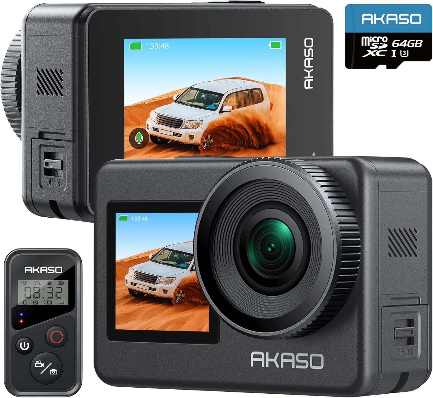 دوربین اکشن AKASO Brave 7 4K30FPS 20MP WiFi با کارت حافظه MicroSD 64 گیگابایتی، صفحه لمسی، ضد آب IPX8 تا عمق 33 فوت، EIS 2.0، زوم، کنترل صوتی با 2 عدد باتری 1350mAh (Brave7 + 64GB)