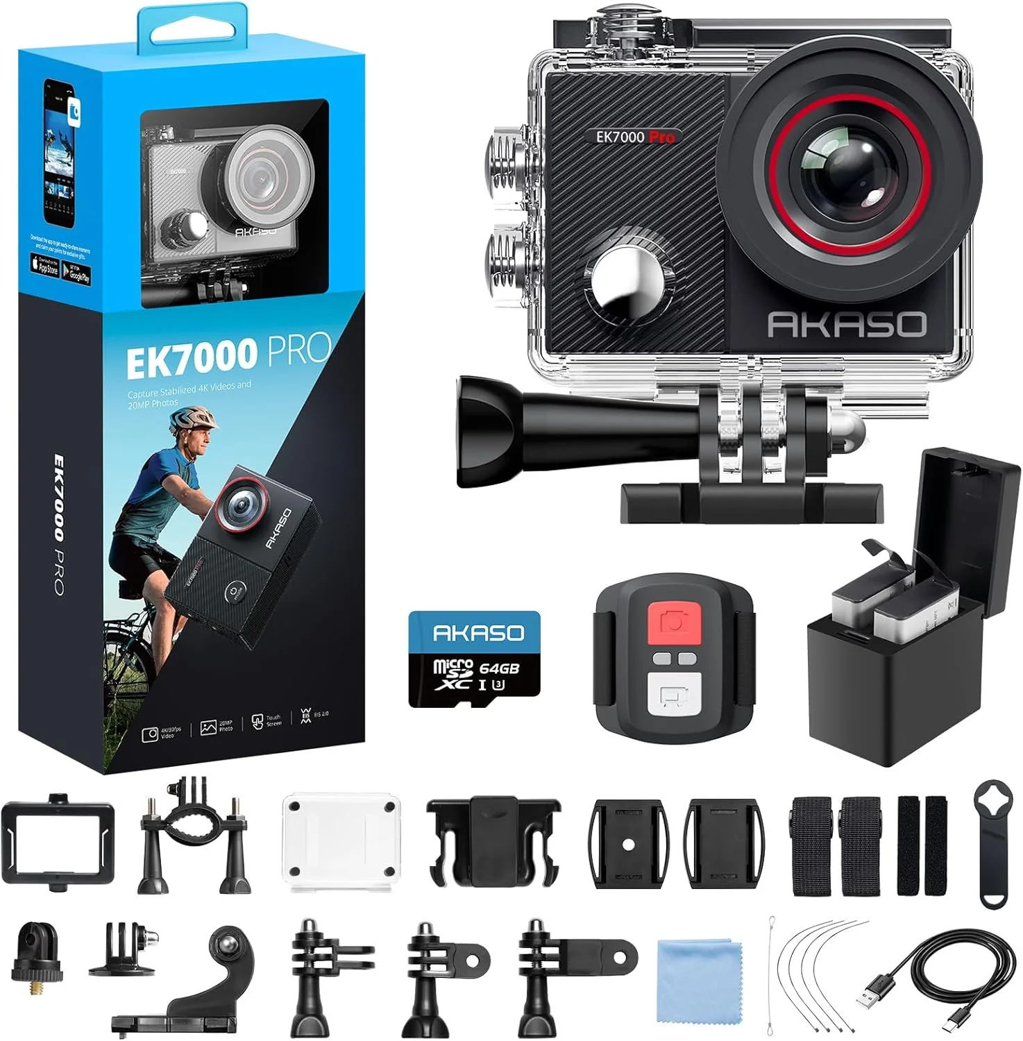 دوربین اکشن AKASO EK7000 Pro 4K با صفحه لمسی EIS، دوربین ضد آب 40 متری با کارت حافظه microSDXC 64 گیگابایتی و کنترل از راه دور، دوربین زیر آب با کیت لوازم جانبی کلاه ایمنی