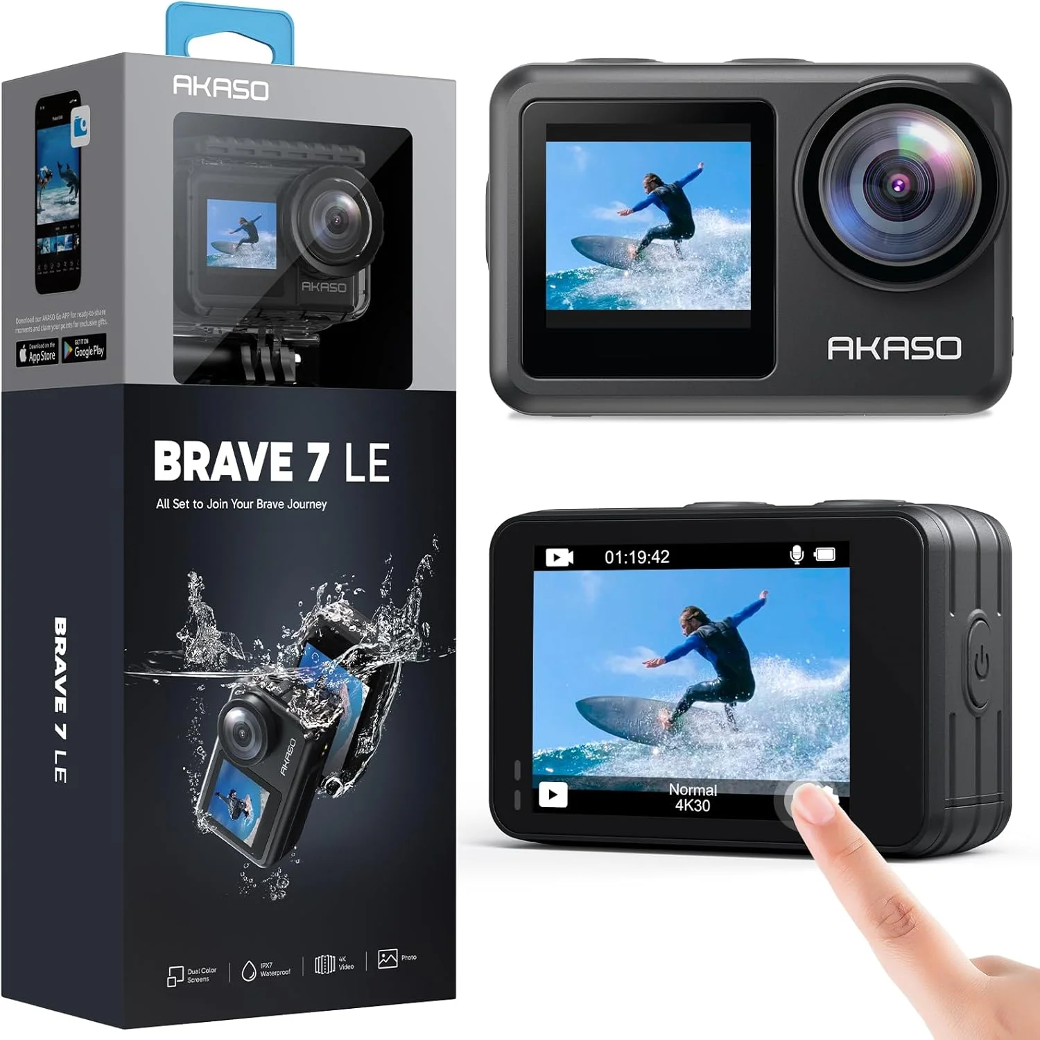 دوربین اکشن AKASO Brave 7 LE 4K30FPS 20MP WiFi با صفحه لمسی EIS 2.0 زوم کنترل از راه دور دوربین ضد آب 131 فوتی با 2 عدد باتری 1350mAh پشتیبانی از میکروفون خارجی دوربین ولاگ