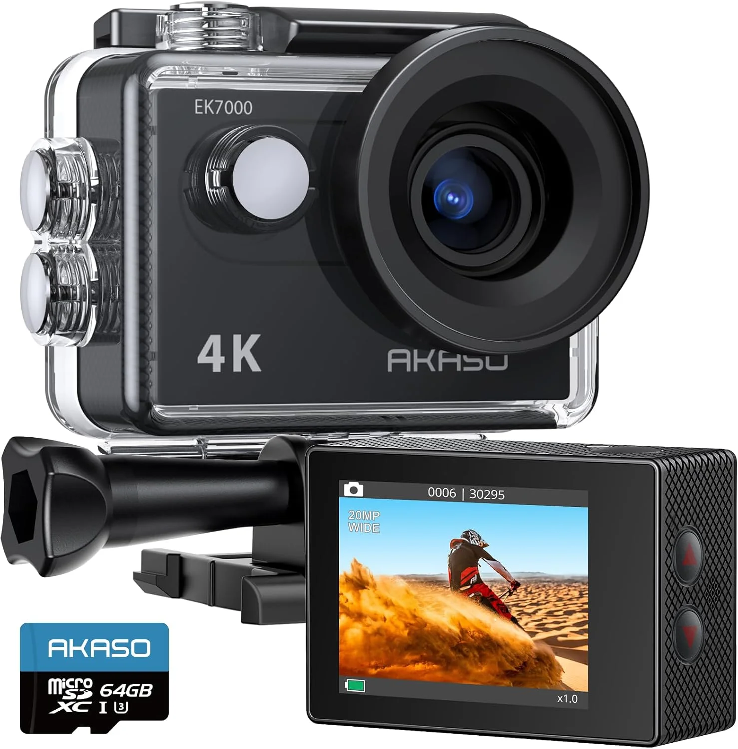 دوربین اکشن AKASO EK7000 4K30FPS 20MP به همراه کارت حافظه microSDXC 64 گیگابایتی، دوربین 4K Ultra HD ضد آب تا عمق 40 متر، زاویه دید گسترده 170 درجه، پشتیبانی از میکروفون خارجی