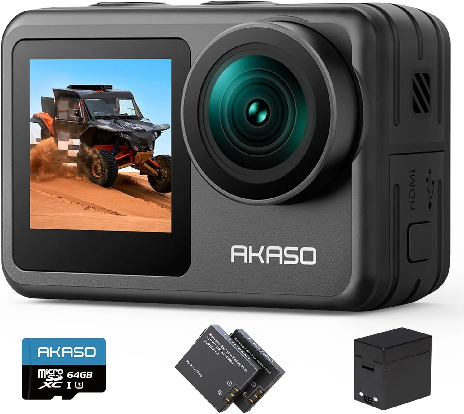 دوربین اکشن AKASO Brave 7 LE 4K30FPS 20MP به همراه کارت حافظه Micro SD 64 گیگابایتی، دوربین ضد آب 40 متری، دوربین WiFi ضد آب با صفحه لمسی EIS 2.0، زوم، کنترل از راه دور، Vlog با 2 عدد باتری 1350mAh
