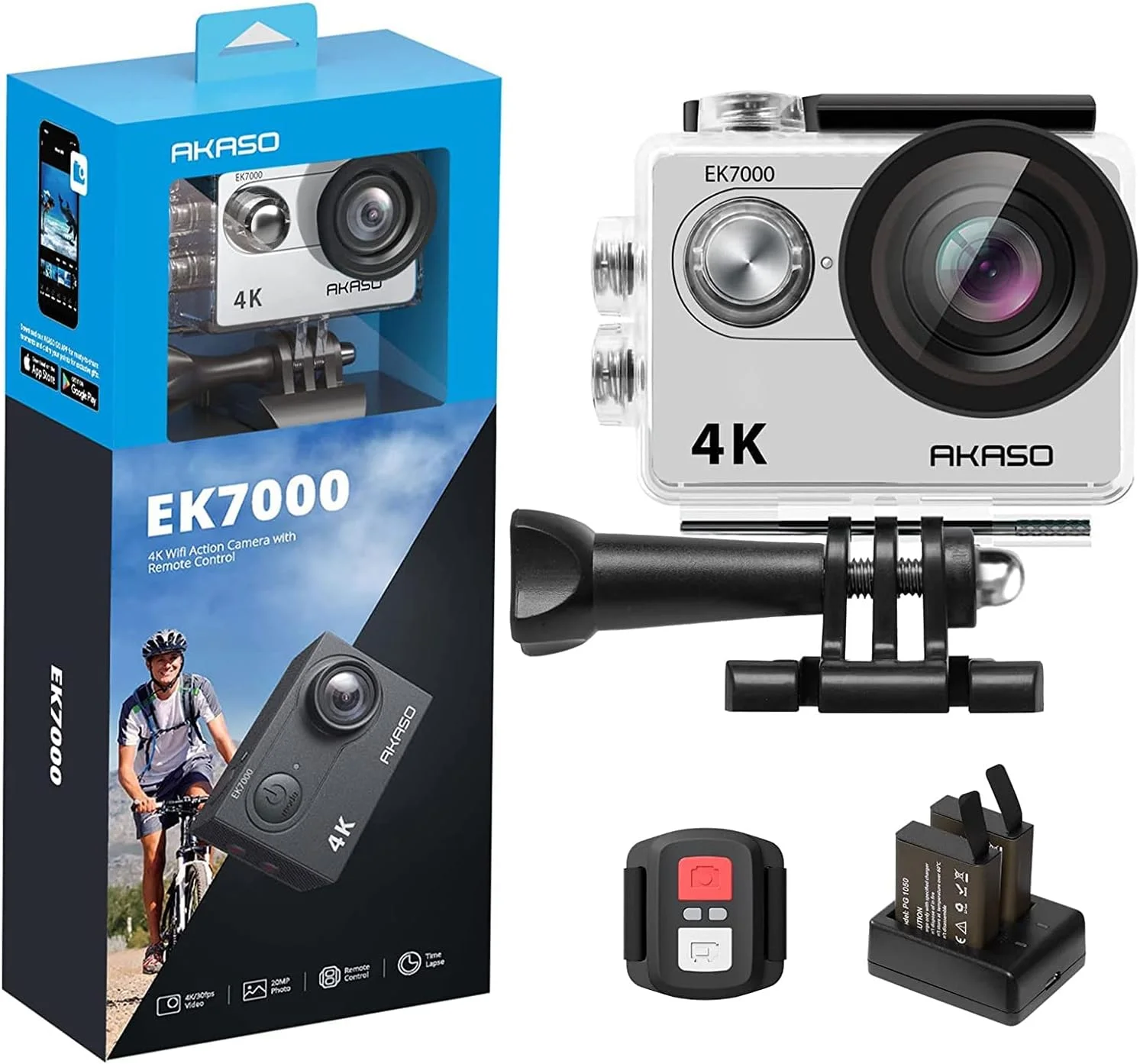 دوربین ورزشی اکشن AKASO EK7000 4K Ultra HD، فیلمبرداری 12 مگاپیکسلی، دوربین ضد آب وای فای، زاویه دید گسترده 170 درجه، صفحه نمایش ال سی دی 2 اینچی با 2 باتری قابل شارژ / 19 کیت لوازم جانبی - نقره ای