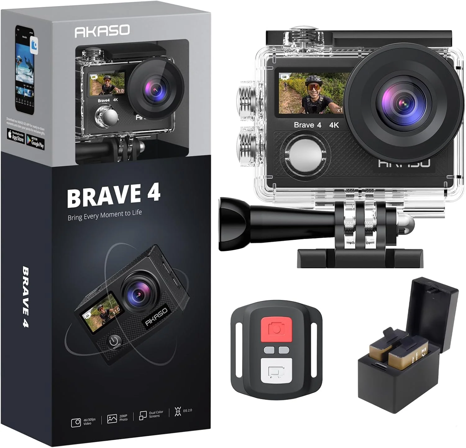 دوربین اکشن AKASO Brave 4 4K WiFi، 20 مگاپیکسل Ultra HD با EIS، دوربین ضد آب 30 متری زیر آب، کنترل از راه دور، زوم 5X، دوربین فیلمبرداری با 2 باتری و کیت لوازم جانبی، مشکی