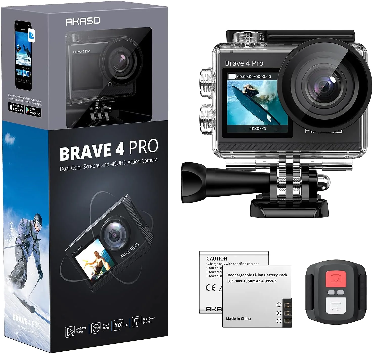 دوربین ورزشی ضد آب AKASO Brave 4 Pro با کیفیت 4K30FPS - دوربین زیر آب 40 متری با تثبیت کننده، صفحه نمایش دوگانه، 2 باتری قابل شارژ، دوربین ورزشی کنترل از راه دور با کیت لوازم جانبی