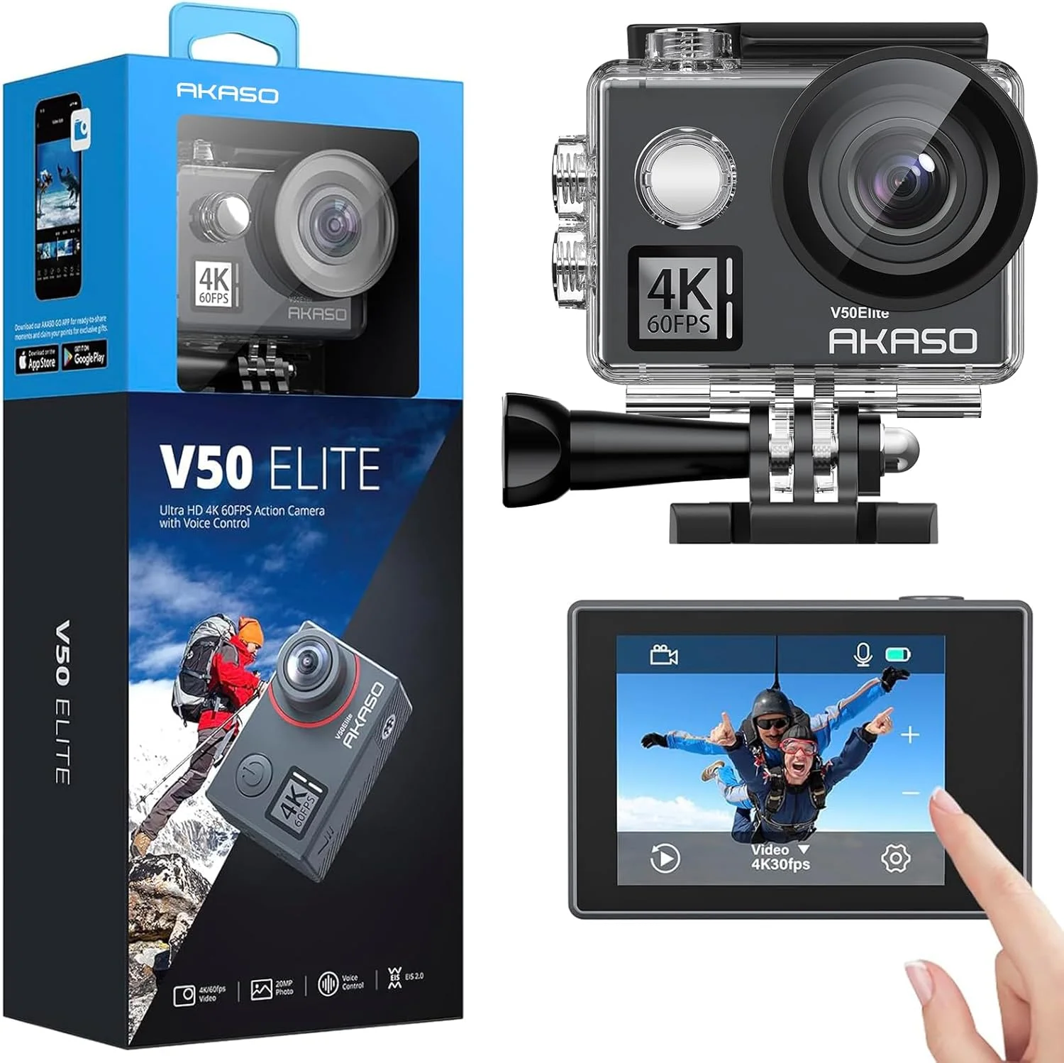 دوربین اکشن AKASO V50 Elite 4K60fps WiFi با صفحه لمسی EIS، کنترل صوتی، ضد آب تا عمق 40 متری، دوربین زیر آب با زاویه دید قابل تنظیم، زوم 8X، کیت لوازم جانبی کنترل از راه دور