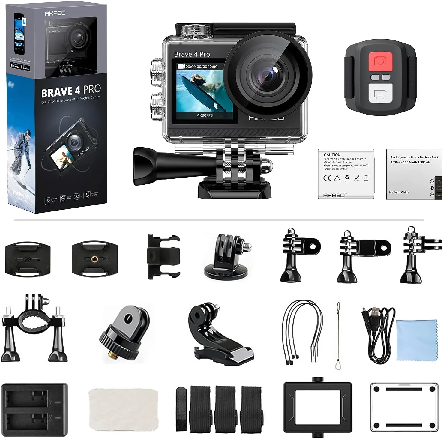 دوربین ورزشی ضد آب AKASO Brave 4 Pro با کیفیت 4K30FPS - دوربین زیر آب 40 متری با تثبیت کننده، صفحه نمایش دوگانه، 2 باتری قابل شارژ، دوربین ورزشی کنترل از راه دور با کیت لوازم جانبی