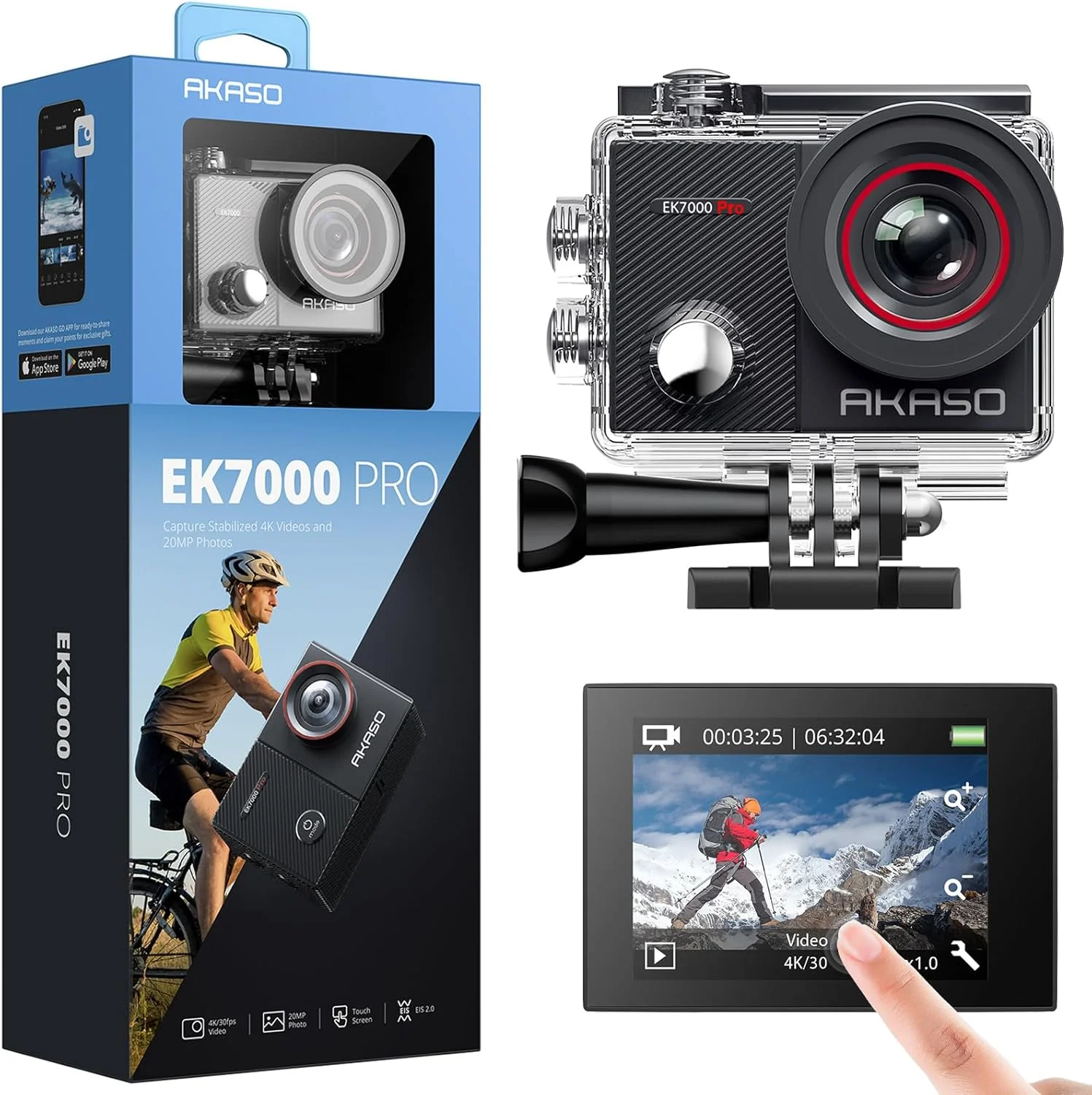 دوربین ورزشی AKASO EK7000 Pro 4K 30fps 20MP WiFi با صفحه نمایش لمسی LCD، تثبیت کننده Ultra HD، کنترل از راه دور 2.4G، زاویه قابل تنظیم 170 درجه، دوربین ضد آب 40 متری و 2 باتری