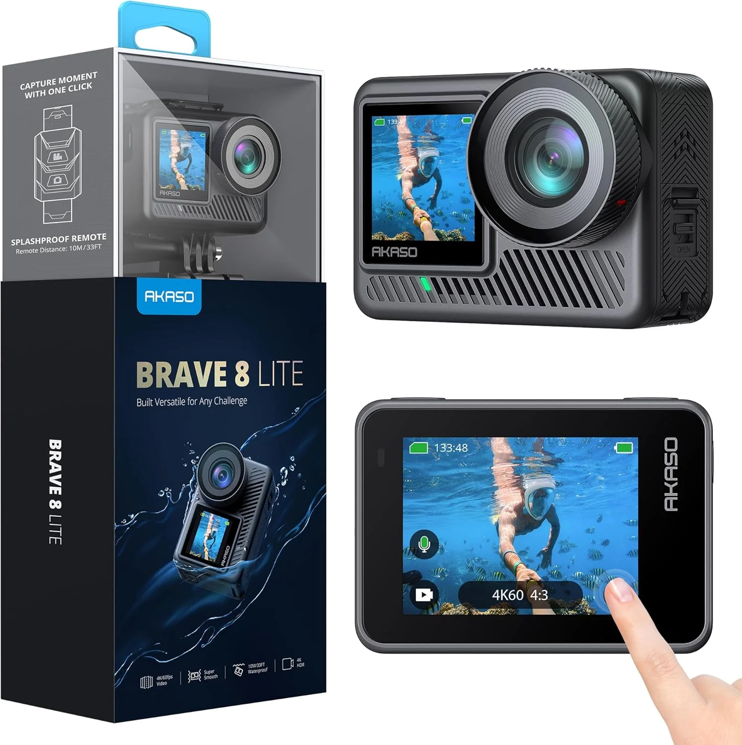 دوربین ورزشی AKASO Brave 8 Lite با کیفیت 4K60FPS، وضوح 20 مگاپیکسل، WiFi، ضد آب با تثبیت کننده SuperSmooth، صفحه لمسی، زاویه دید 150 درجه، ضد آب تا 60 متر، حرکت آهسته 8X، زوم 4X، 2 عدد باتری 1550mAh