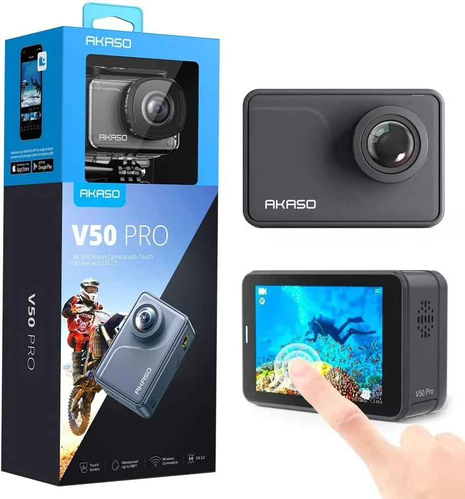 دوربین اکشن AKASO 4K 30FPS، دوربین 20 مگاپیکسلی وای فای با صفحه لمسی ICE، دوربین زیر آب 40 متری با کنترل صوتی، ریموت کنترل، کیت لوازم جانبی، دوربین ورزشی (V50 Pro)