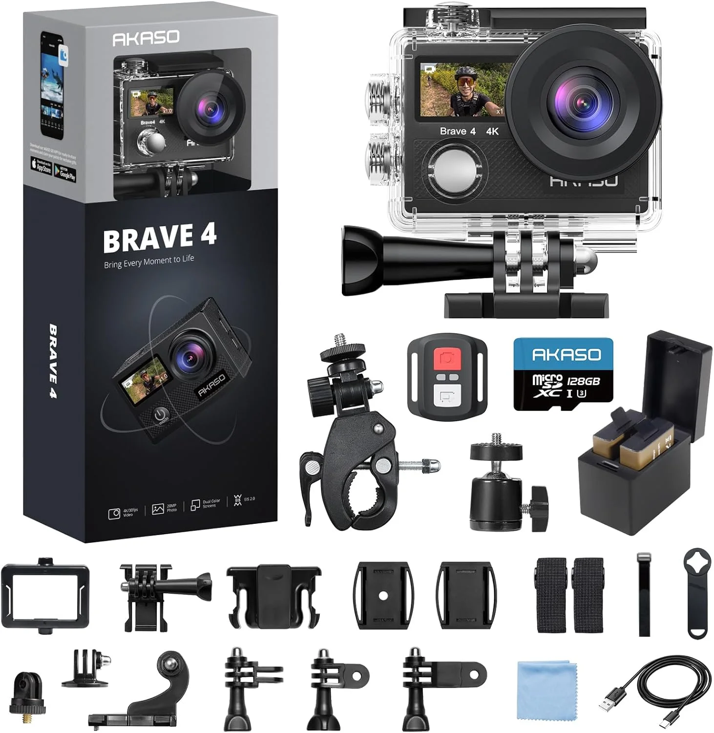 دوربین اکشن AKASO Brave 4 با کیفیت 4K و سرعت 30 فریم بر ثانیه به همراه کارت حافظه MicroSDXC با ظرفیت 128 گیگابایت، کیفیت فوق العاده 20 مگاپیکسل، ضد آب تا عمق 40 متر، دارای وای فای، زوم 5X، دوربین ورزشی به همراه کیت
