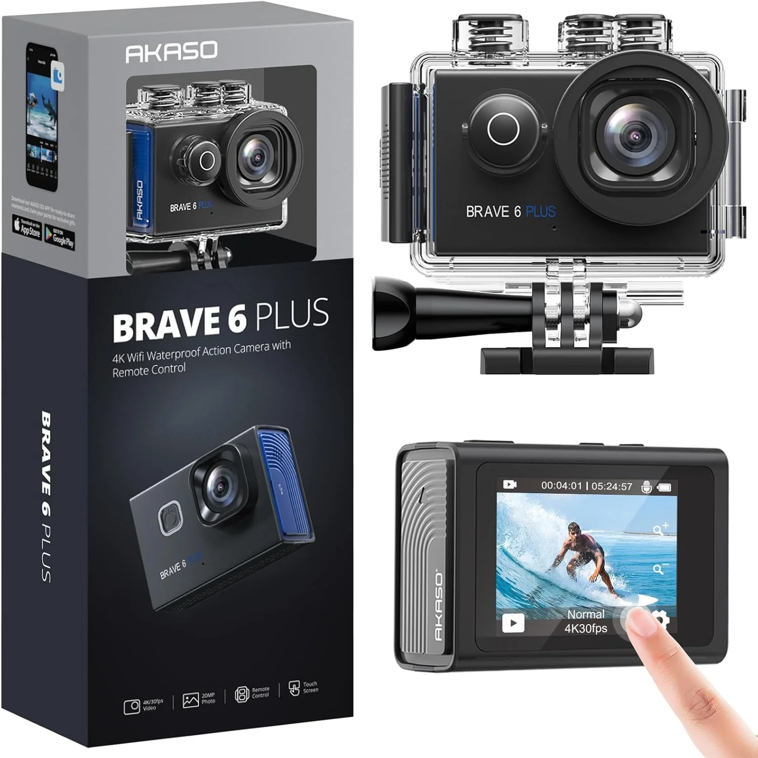 دوربین اکشن AKASO Brave 6 Plus با کیفیت 4K30FPS، وای فای، صفحه لمسی، EIS، زوم 4X، کنترل صوتی، کنترل از راه دور، ضد آب تا عمق 40 متر، 2 باتری 1350mAh و کیت لوازم جانبی کلاه ایمنی