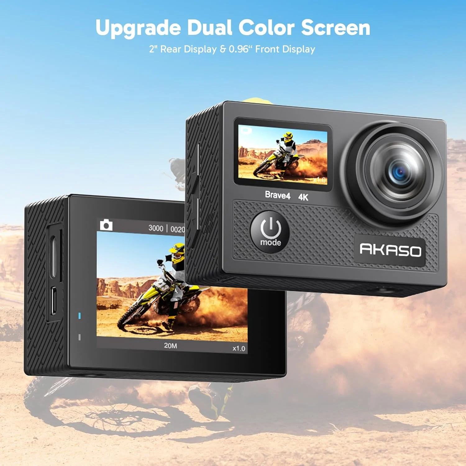 دوربین اکشن AKASO Brave 4 با کیفیت 4K و سرعت 30 فریم بر ثانیه به همراه کارت حافظه MicroSDXC با ظرفیت 128 گیگابایت، کیفیت فوق العاده 20 مگاپیکسل، ضد آب تا عمق 40 متر، دارای وای فای، زوم 5X، دوربین ورزشی به همراه کیت دوربین اکشن AKASO Brave 4 با کیفیت 4K و سرعت 30 فریم بر ثانیه به همراه کارت حافظه MicroSDXC با ظرفیت 128 گیگابایت، کیفیت فوق العاده 20 مگاپیکسل، ضد آب تا عمق 40 متر، دارای وای فای، زوم 5X، دوربین ورزشی به همراه کیت