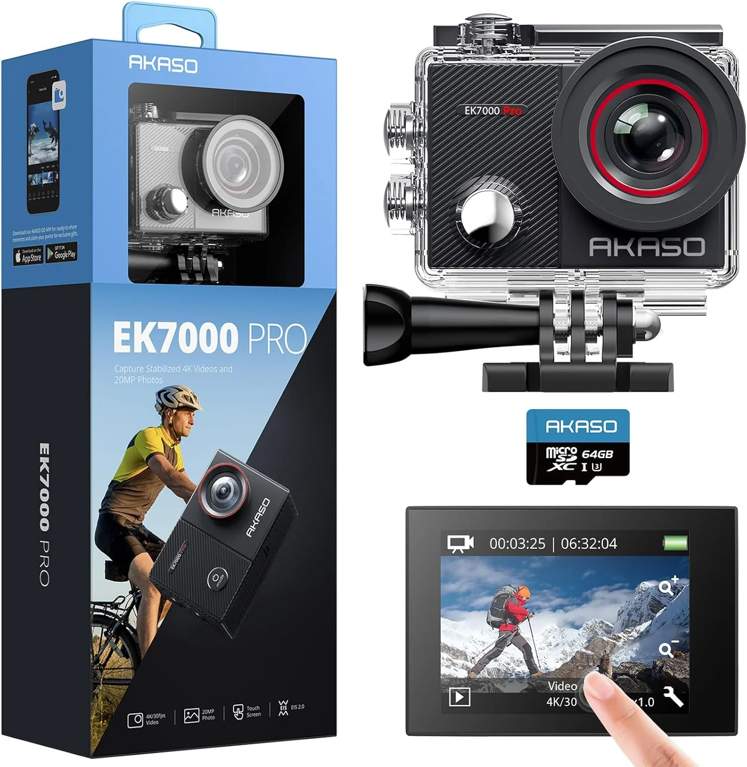 دوربین اکشن 4K آکاسو EK7000 Pro به همراه کارت حافظه 64 گیگابایتی PNY Elite-X U3 microSDHC (بسته)