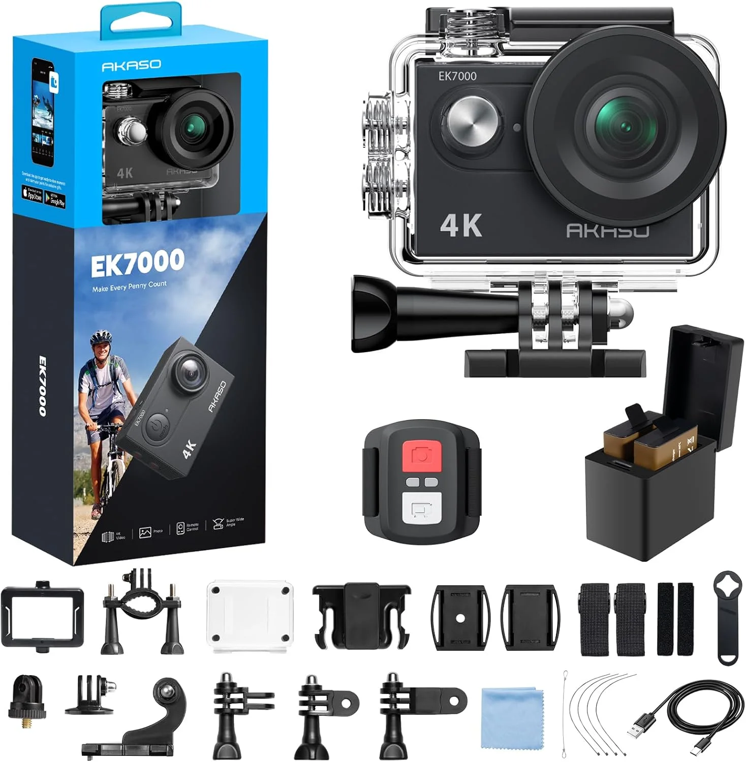 دوربین اکشن AKASO EK7000 با کیفیت 4K و سرعت 30 فریم بر ثانیه - دوربین ضد آب تا عمق 40 متر با لرزشگیر الکترونیکی تصویر، زوم 4 برابر، کنترل از راه دور، کیفیت Ultra HD 20MP و کیت لوازم جانبی