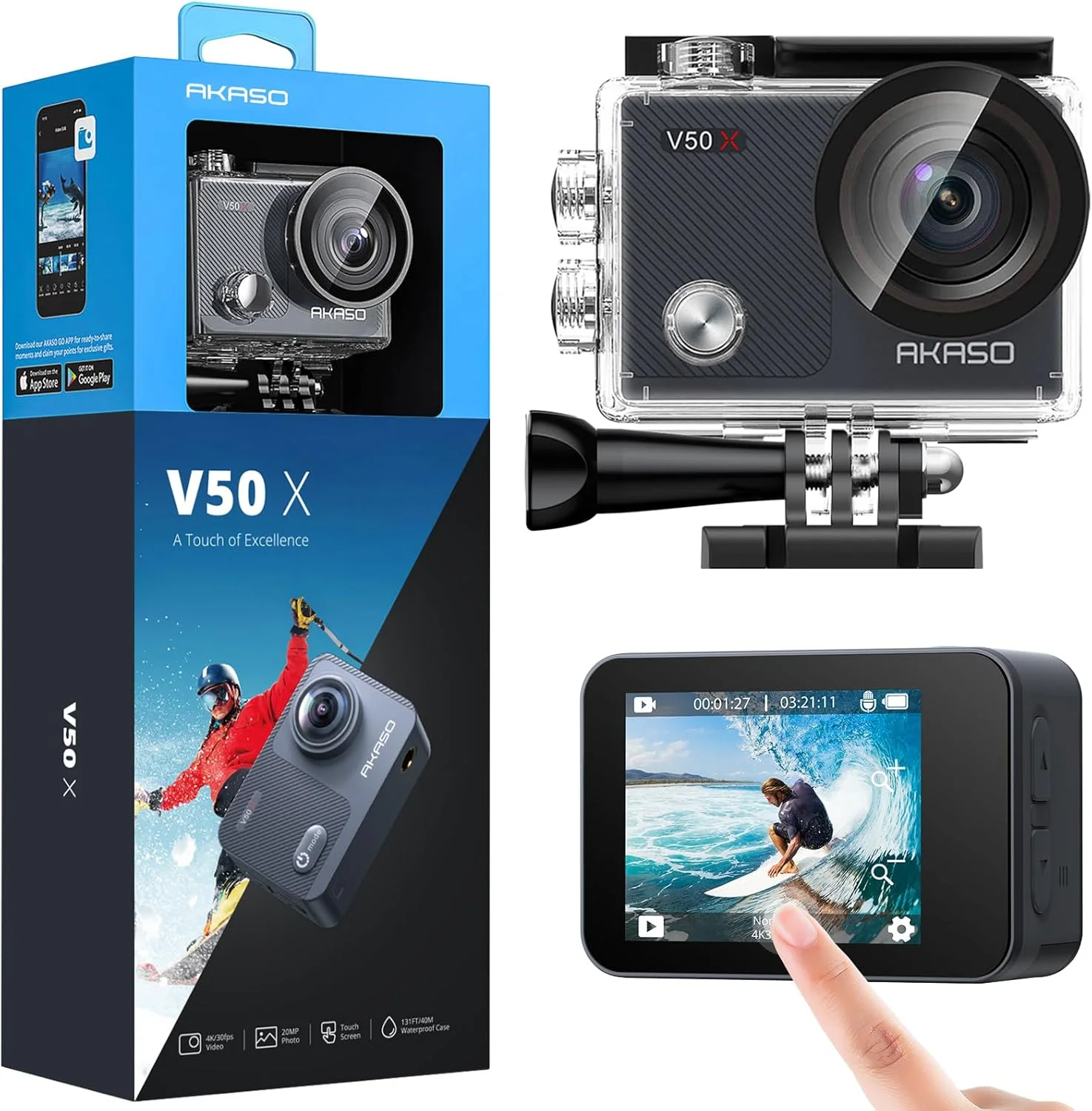 دوربین اکشن AKASO V50 X، دوربین ضد لرزش EIS بومی 4K وای فای زیر آب 40 متری با صفحه لمسی، کنترل از راه دور، کیس ضد آب و کیت لوازم جانبی نصب