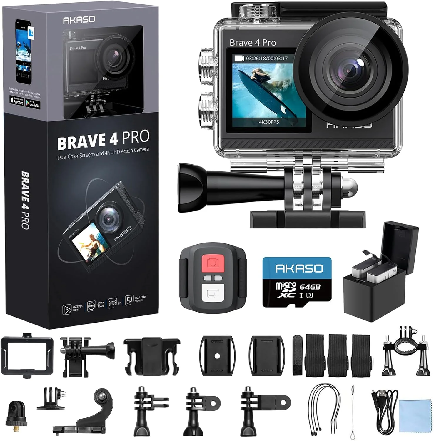 دوربین ورزشی اکشن AKASO Brave 4 Pro با کیفیت 4K30fps به همراه کارت حافظه 64 گیگابایتی MicroSD U3، ریموت کنترل، محفظه ضد آب و 2 عدد باتری 1350 میلی آمپر