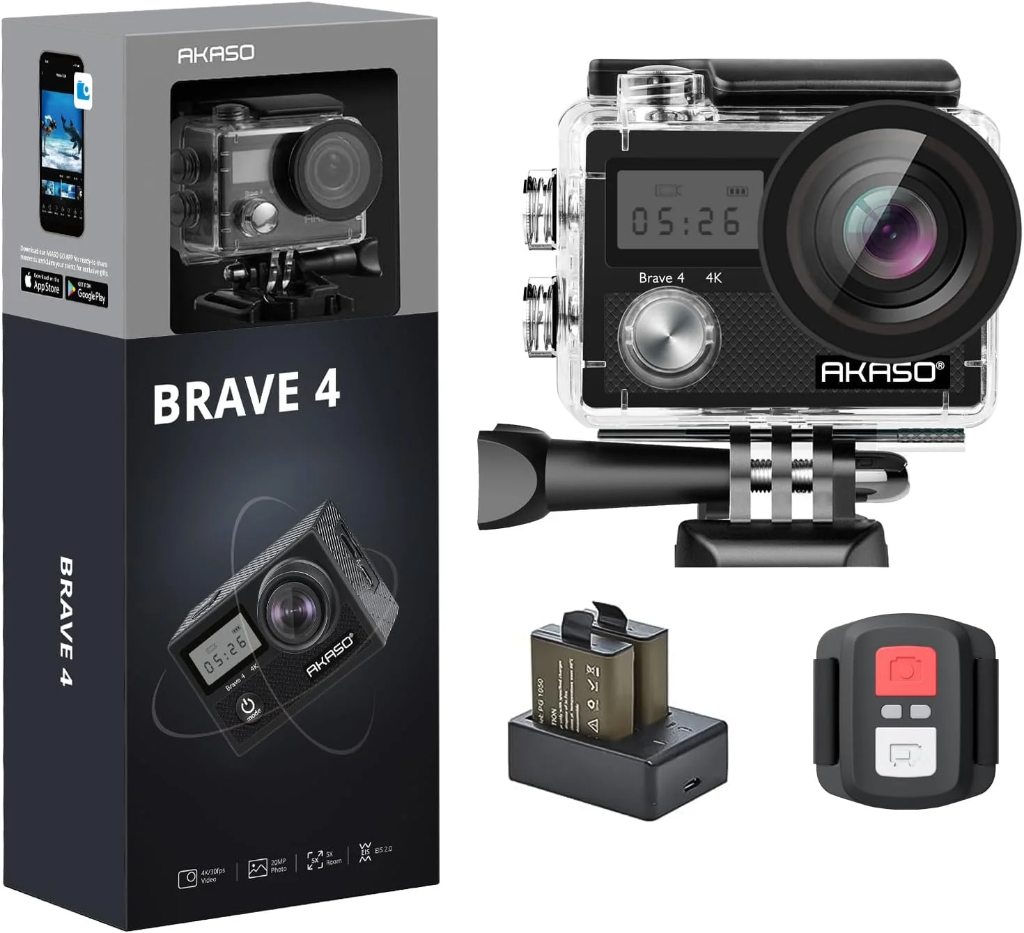 دوربین اکشن AKASO 4K 30FPS 20MP Ultra HD با کنترل از راه دور WiFi، تثبیت کننده تصویر، دوربین های ضد آب تا عمق 40 متری با 2 باتری، شارژر، گیره فرمان دوچرخه و کیت لوازم جانبی