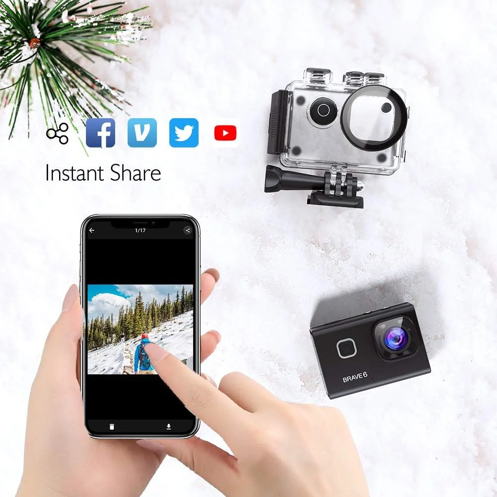 دوربین اکشن AKASO Brave 6 4K 20MP WiFi با کنترل صوتی EIS وب کم 100 فوت ضد آب دوربین از راه دور زوم 6X دوربین فیلمبرداری زیر آب