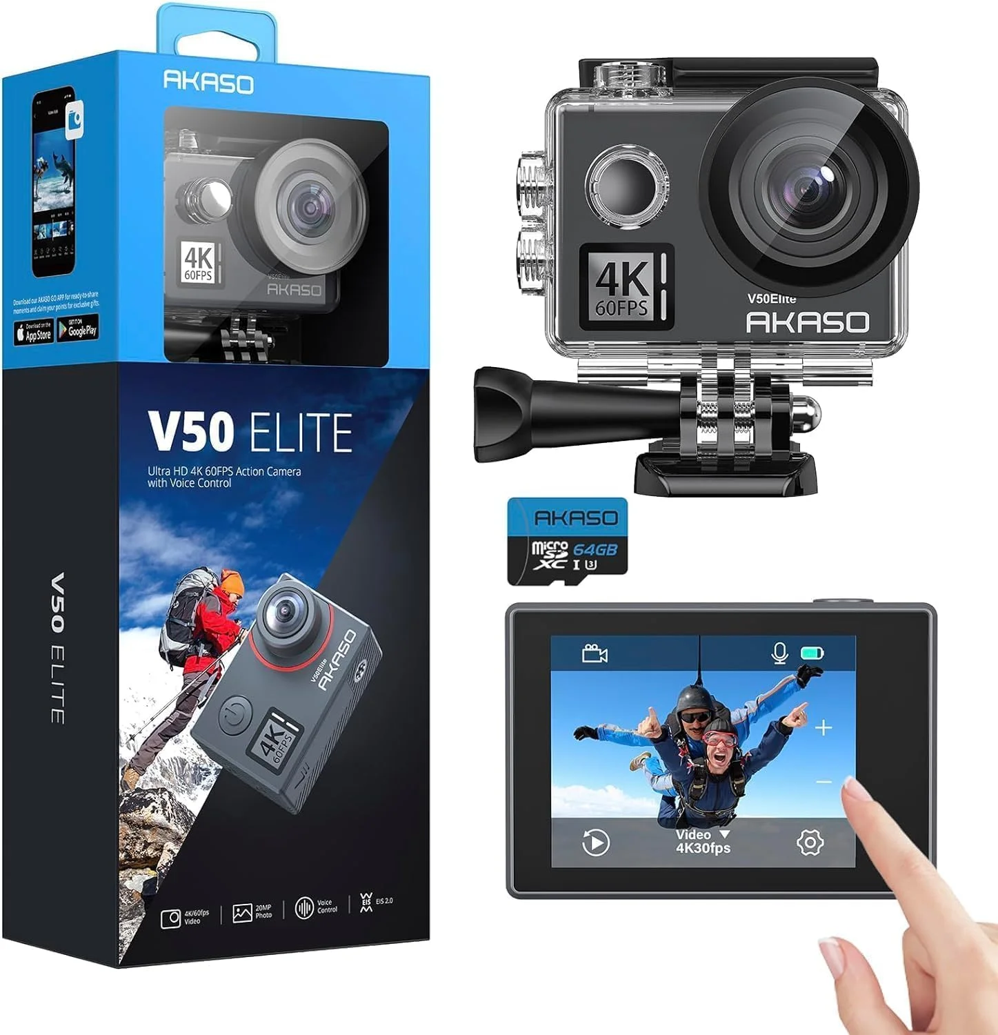 دوربین اکشن AKASO V50 Elite به همراه کارت حافظه MicroSDXC 64 گیگابایتی، کیفیت 4K/60FPS، وای فای 20 مگاپیکسلی، دوربین ضد آب زیر آب 40 متری با صفحه لمسی، کنترل صوتی، زوم 8 برابر