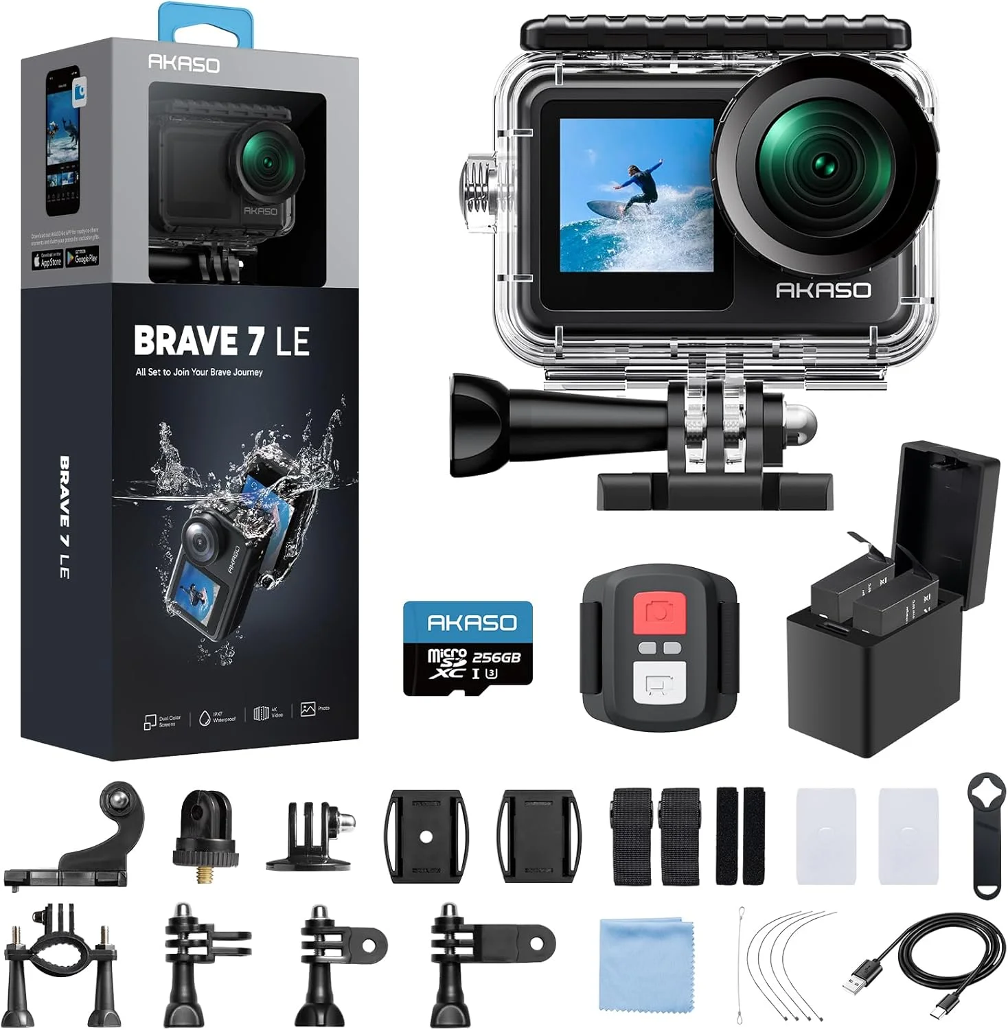 دوربین اکشن AKASO Brave 7 LE 4K30fps به همراه کارت حافظه 256 گیگابایتی MicroSDXC U3 و کیت لوازم جانبی، دوربین Ultra HD ضد آب تا عمق 40 متر، EIS 2.0، کنترل از راه دور WiFi، دوربین زوم زیر آب