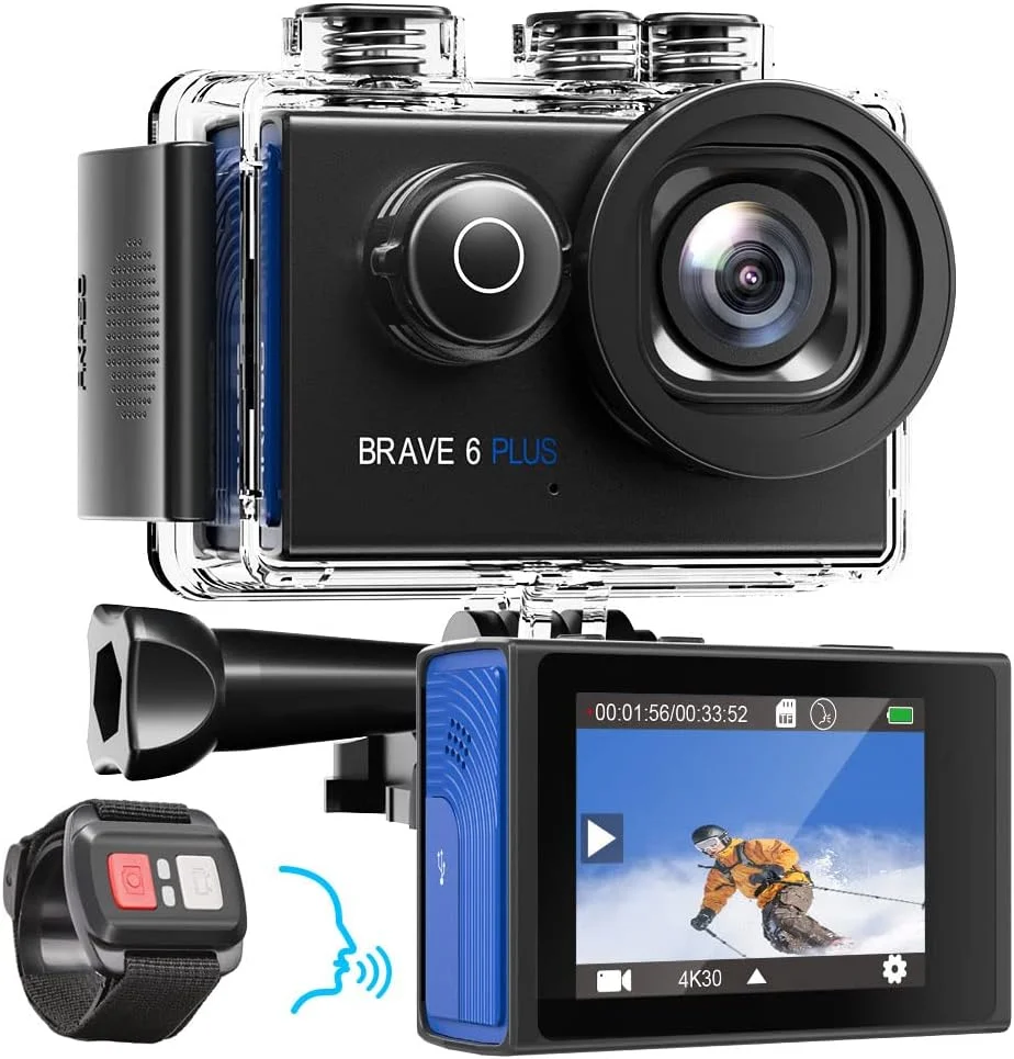 دوربین اکشن AKASO 4K30FPS 20MP WiFi با صفحه لمسی EIS زوم 4X کنترل از راه دور دوربین زیر آب 40 متری با 2 عدد باتری 1350 میلی آمپر ساعتی و کیت لوازم جانبی کلاه ایمنی
