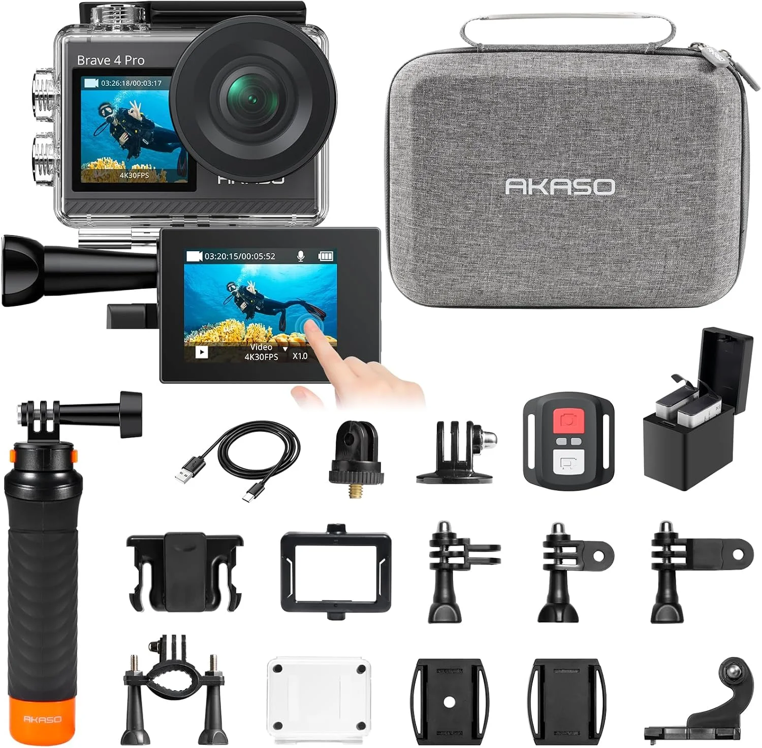 دوربین اکشن AKASO Brave 4 Pro به همراه دسته شناور ضد آب - 4K30 20MP Ultra Hd EIS دوربین زیر آب 131 فوتی زوم 5x صفحه لمسی کنترل از راه دور WiFi با کیف حمل کلاه ایمنی و کیت لوازم جانبی