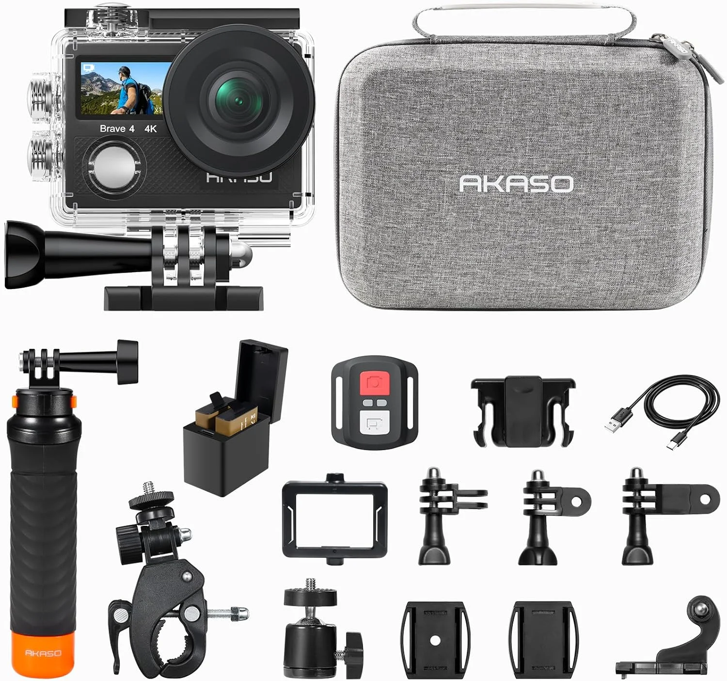 دوربین اکشن AKASO Brave 4 به همراه دسته شناور ضد آب، کیف حمل - کیفیت 4K30، 20 مگاپیکسل Ultra HD EIS، ضد آب تا عمق 40 متر، زوم 5 برابر، دو صفحه نمایش، به همراه کیت لوازم جانبی کلاه ایمنی و دوچرخه