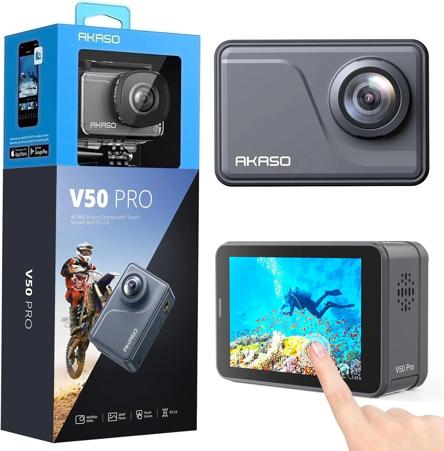 دوربین ورزشی AKASO V50Pro 4K 30fps 20MP WiFi با صفحه لمسی EIS، زاویه دید قابل تنظیم، ضد آب تا 30 متر، پشتیبانی از میکروفون خارجی، کنترل از راه دور و لوازم جانبی کلاه ایمنی