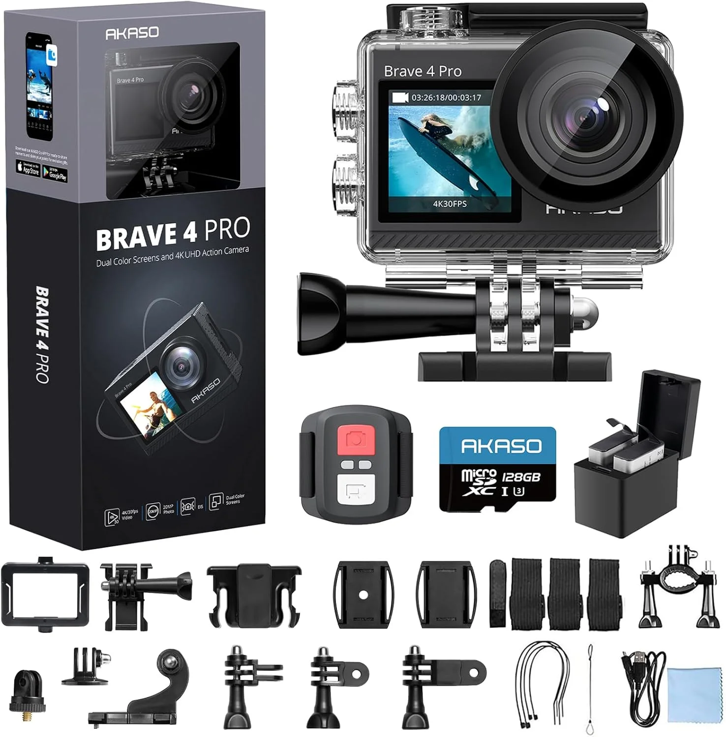 دوربین اکشن AKASO Brave 4 Pro 4K30 به همراه کارت MicroSD U3 با ظرفیت 128 گیگابایت، دوربین ضد آب تا عمق 40 متر، صفحه لمسی EIS، کنترل از راه دور به همراه 2 عدد باتری 1350 میلی آمپر و کیت
