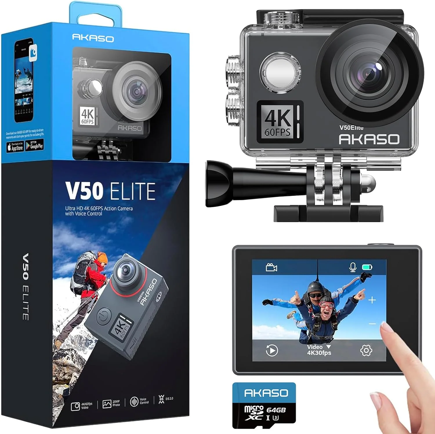 دوربین اکشن AKASO V50 Elite 4K60fps با صفحه لمسی و WiFi، کنترل صوتی EIS، ضد آب تا عمق 131 فوت، زوم 8 برابر، کنترل از راه دور (همراه با کارت MicroSD 64 گیگابایتی)