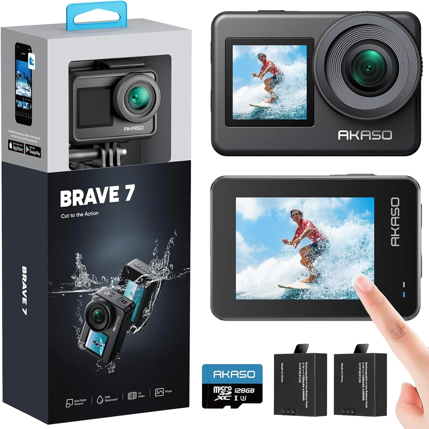 دوربین اکشن AKASO Brave 7 با کیفیت 4K30FPS و 20 مگاپیکسل به همراه کارت حافظه MicroSDXC U3 با ظرفیت 128 گیگابایت، دوربین ضد آب با صفحه لمسی IPX8 تا عمق 33 فوت، EIS 2.0، پشتیبانی از زوم، میکروفون خارجی و کنترل صوتی به همراه 2 عدد باتری 1350mAh