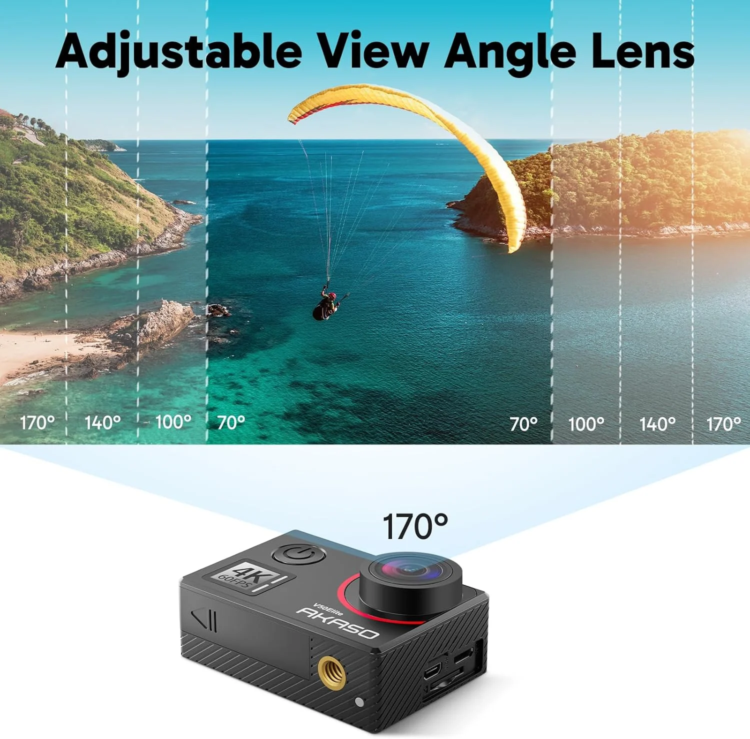 دوربین اکشن AKASO V50 Elite 4K60fps به همراه کارت حافظه 128 گیگابایتی MicroSDXC U3، بسته لوازم جانبی، کنترل صوتی EIS، دوربین ضد آب 131 فوتی، زوم 8X و کنترل از راه دور