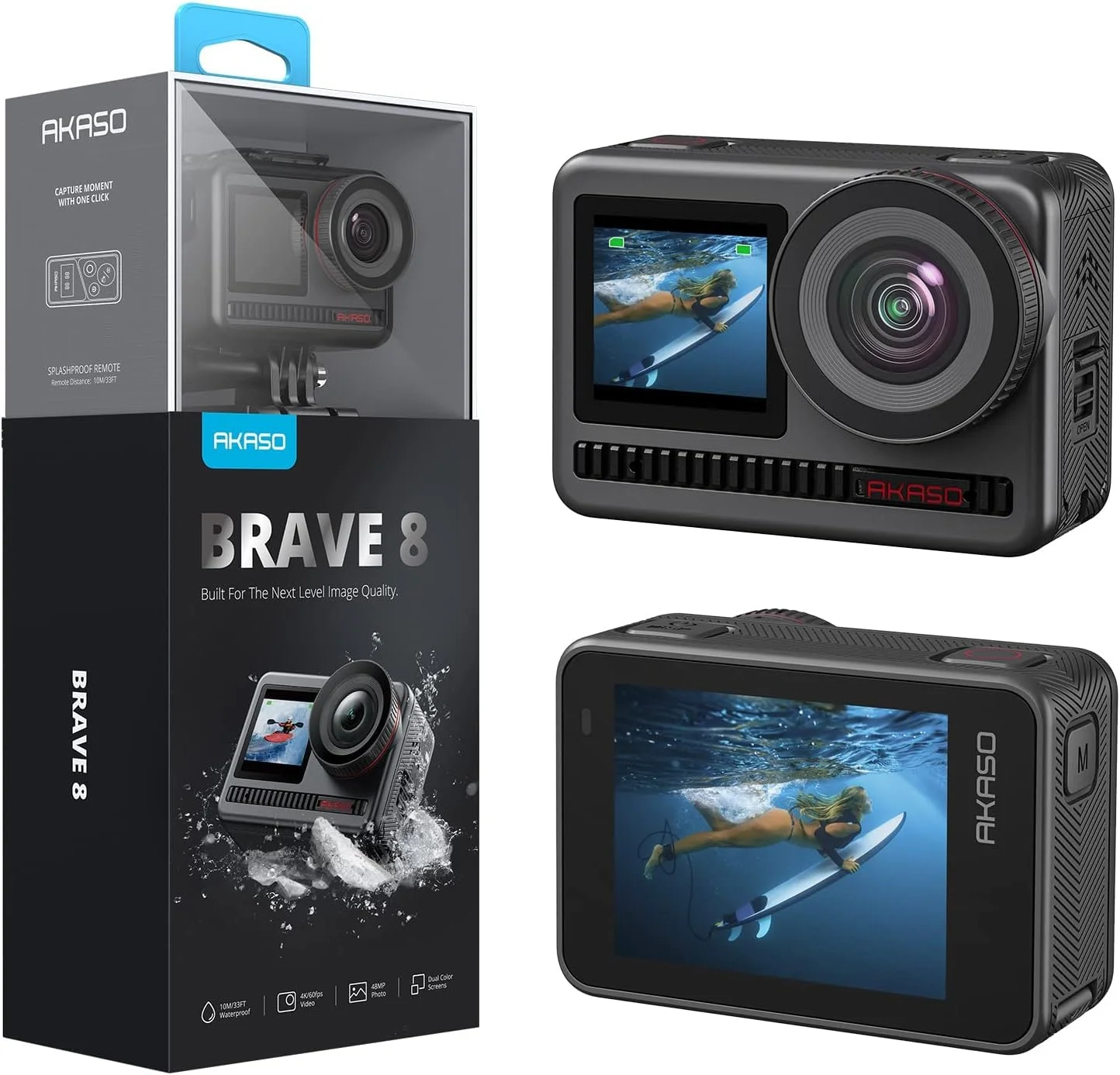 دوربین اکشن AKASO Brave 8 با کیفیت 4K60FPS، عکس 48 مگاپیکسلی، صفحه لمسی ضد آب با زاویه دید فوق عریض، اسلوموشن 16x، تثبیت کننده SuperSmooth، دوربین زیر آب با کنترل از راه دور و لوازم جانبی کلاه ایمنی (Brave 8)