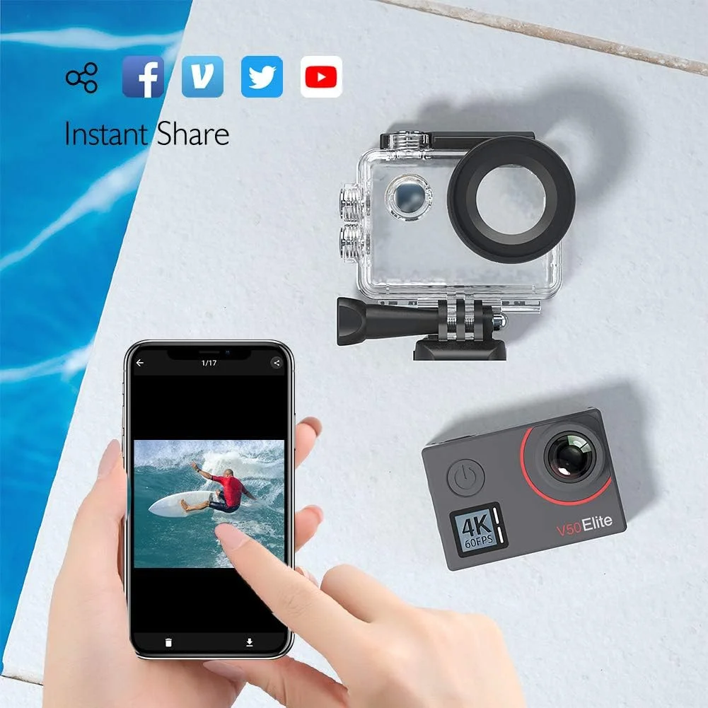 دوربین اکشن AKASO V50 Elite 4K60fps با صفحه لمسی و WiFi، کنترل صوتی EIS، ضد آب تا عمق 131 فوت، زوم 8 برابر، کنترل از راه دور (همراه با کارت MicroSD 64 گیگابایتی) دوربین اکشن AKASO V50 Elite 4K60fps با صفحه لمسی و WiFi، کنترل صوتی EIS، ضد آب تا عمق 131 فوت، زوم 8 برابر، کنترل از راه دور (همراه با کارت MicroSD 64 گیگابایتی)