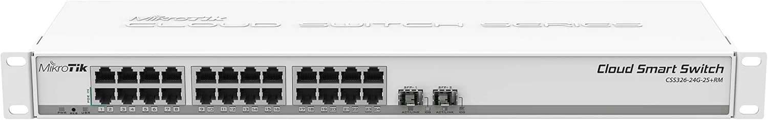 سوئیچ شبکه مدیریتی میکروتیک CSS326-24G-2S+RM گیگابیتی اترنت (10/100/1000) با پشتیبانی از Power over Ethernet (PoE) و فرم فاکتور 1U، سفید