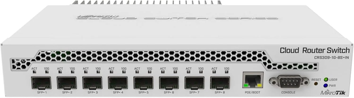سوئیچ مدیریتی گیگابیتی اترنت میکروتیک CRS309-1G-8S+IN با PoE، RJ45، سفید، بدنه فلزی