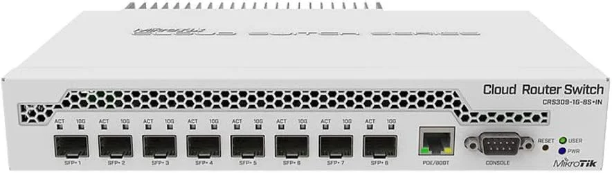 سوئیچ دسکتاپ MikroTik CRS309-1G-8S+in با 1 پورت اترنت گیگابیتی و 8 پورت SFP+ 10 گیگابیتی