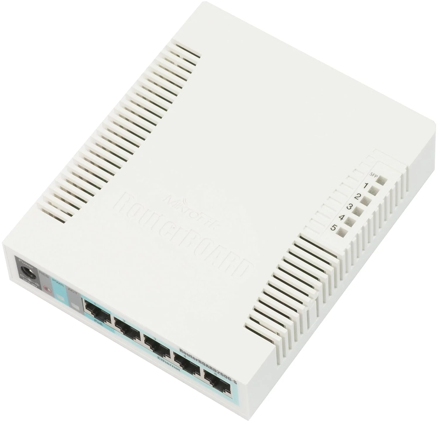 سوئیچ هوشمند 5 پورت گیگابیتی MikroTik RouterBOARD 260GS با SFP، 10047 (سوئیچ هوشمند گیگابیتی با قفس SFP، SwOS، بدنه پلاستیکی، PSU)