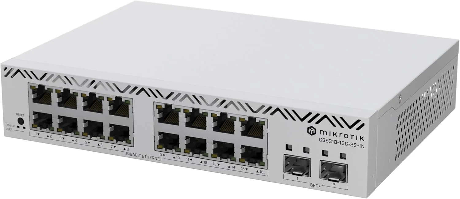 سوئیچ شبکه مدیریتی میکروتیک CSS318-16G-2S+in، دارای 16 پورت گیگابیتی اترنت و 2 پورت SFP+