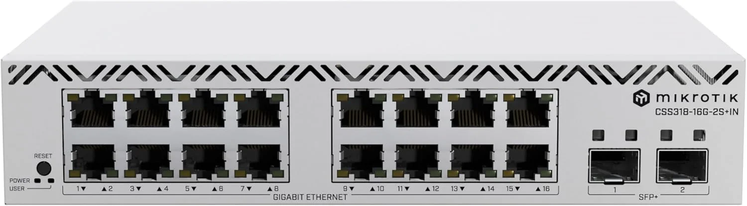 سوئیچ شبکه مدیریتی میکروتیک CSS318-16G-2S+in، دارای 16 پورت گیگابیتی اترنت و 2 پورت SFP+