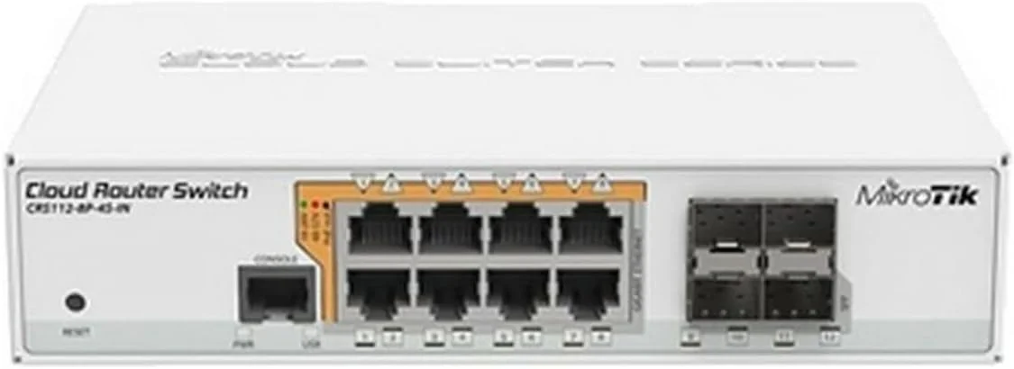 سوئیچ هوشمند گیگابیتی اترنت MikroTik با PoE-out و RouterOS L5 (CRS112-8P-4S-IN)