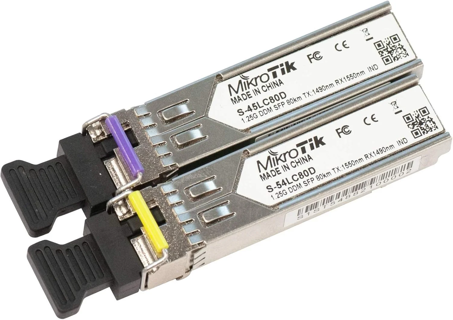 جفت ماژول SFP میکروتیک S-4554LC80D 1.25G برای لینک های 80 کیلومتری با کانکتورهای تکی LC، درجه حرارت صنعتی (-40 درجه سانتیگراد تا +85 درجه سانتیگراد)، سازگار با محفظه های SFP/SFP+ میکروتیک