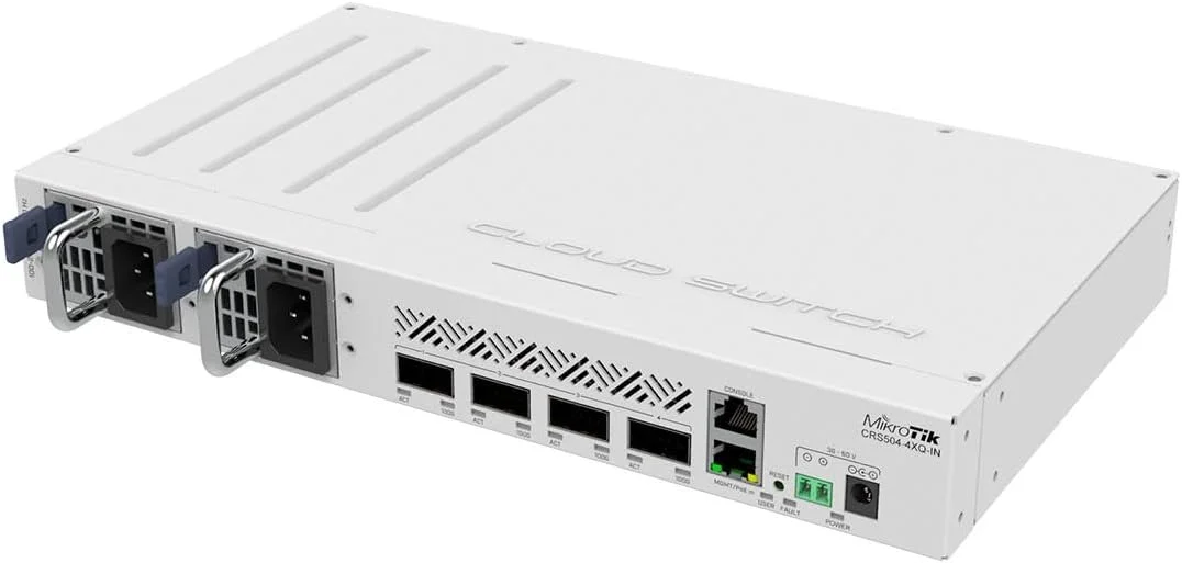 سوییچ روتر ابری MikroTik CRS504-4XQ-IN 650MHz با 4 پورت QSFP28 سازگار با اتصالات فیبر نوری 40G، 25G، 10G و 1G