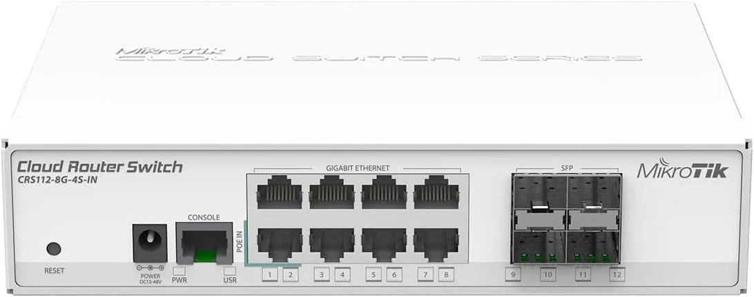 سوئیچ شبکه مدیریتی لایه 3 گیگابیتی اترنت (10/100/1000) با قابلیت PoE میکروتیک CRS112-8G-4S-IN - سفید