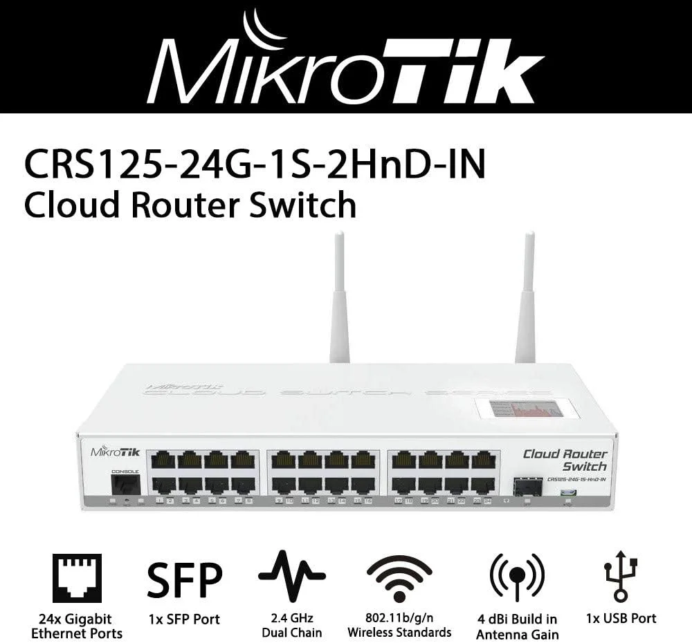 میکروتیک CRS125-24G-1S-2HnD-IN، 4dBi، 30dBm، 600MHz، 128MB، 2.4GHz، 24x گیگابیت، SFP، LCD، microUSB، L5