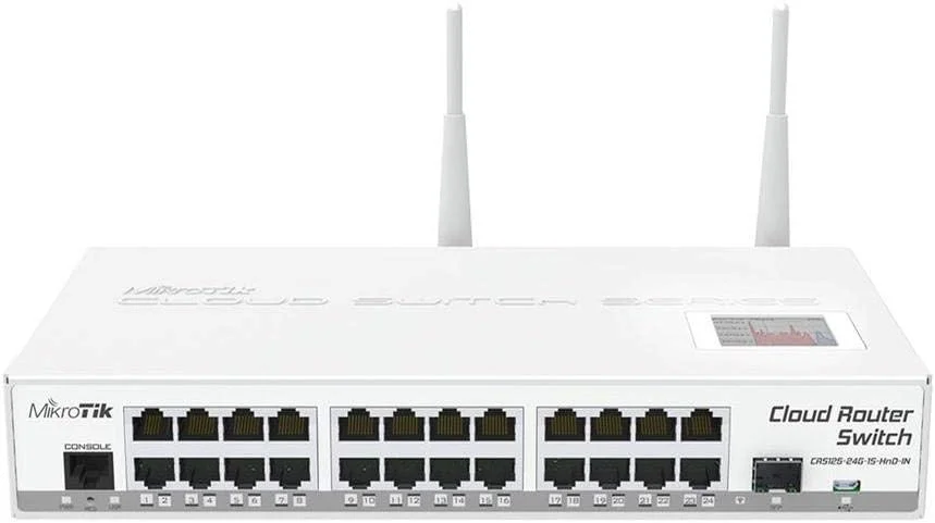 میکروتیک CRS125-24G-1S-2HnD-IN، 4dBi، 30dBm، 600MHz، 128MB، 2.4GHz، 24x گیگابیت، SFP، LCD، microUSB، L5
