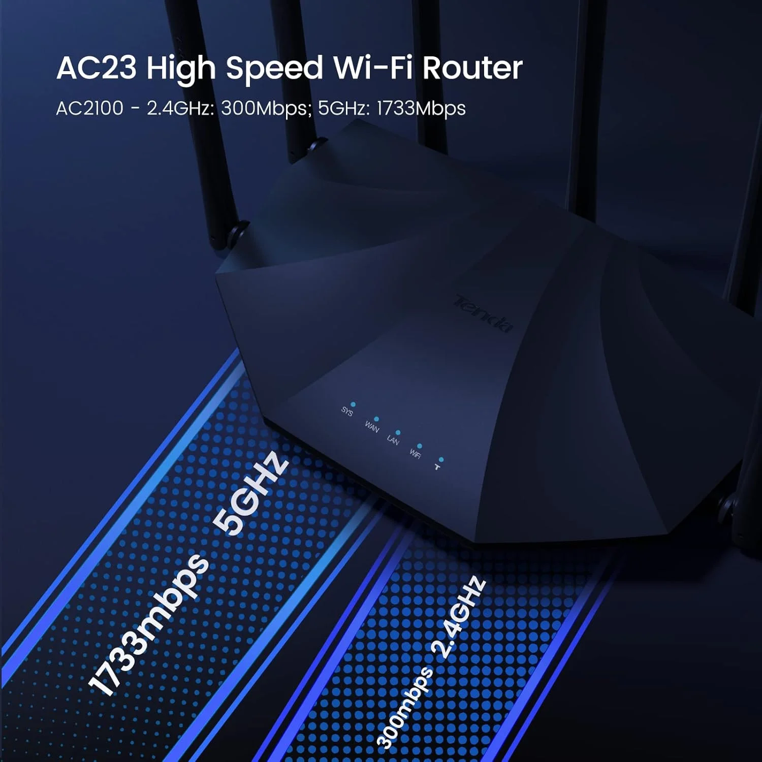 روتر کابلی بی سیم گیگابیتی دو بانده Tenda AC23 AC2100، سرعت Wi-Fi تا 2033 مگابیت بر ثانیه، 4X4 MU-MIMO، 4 پورت گیگابیتی، کنترل والدین، VPN، سازگار با الکسا، IPv6 روتر کابلی بی سیم گیگابیتی دو بانده Tenda AC23 AC2100، سرعت Wi-Fi تا 2033 مگابیت بر ثانیه، 4X4 MU-MIMO، 4 پورت گیگابیتی، کنترل والدین، VPN، سازگار با الکسا، IPv6